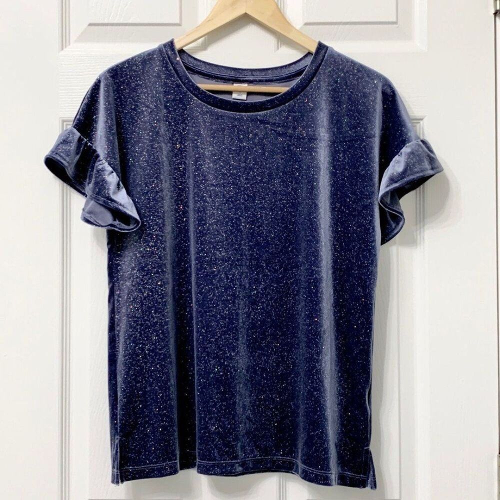 Old Navy Velour Blue Glitter Multicolored Sparkles Dressy Short Sleeve Top Small
